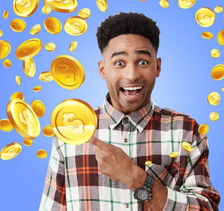 Male Keno player with excited expression pointing to gold coins falling in blue background